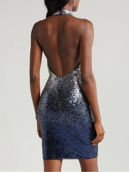 🆕✨Badgley Mischka Sequin Cocktail Dress Size 12 Blue Black Mini Party Glam Dress - Picture 3 of 17